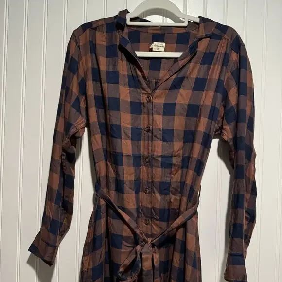 Bridge Burn Emery Gingham Plaid Shirt Dress Brown Navy Blue Size XS